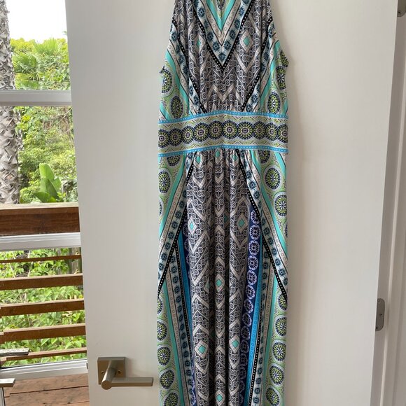 London Times Blue, Green Boho Print Maxi Dress, Sleeveless, 10 - Picture 2 of 9